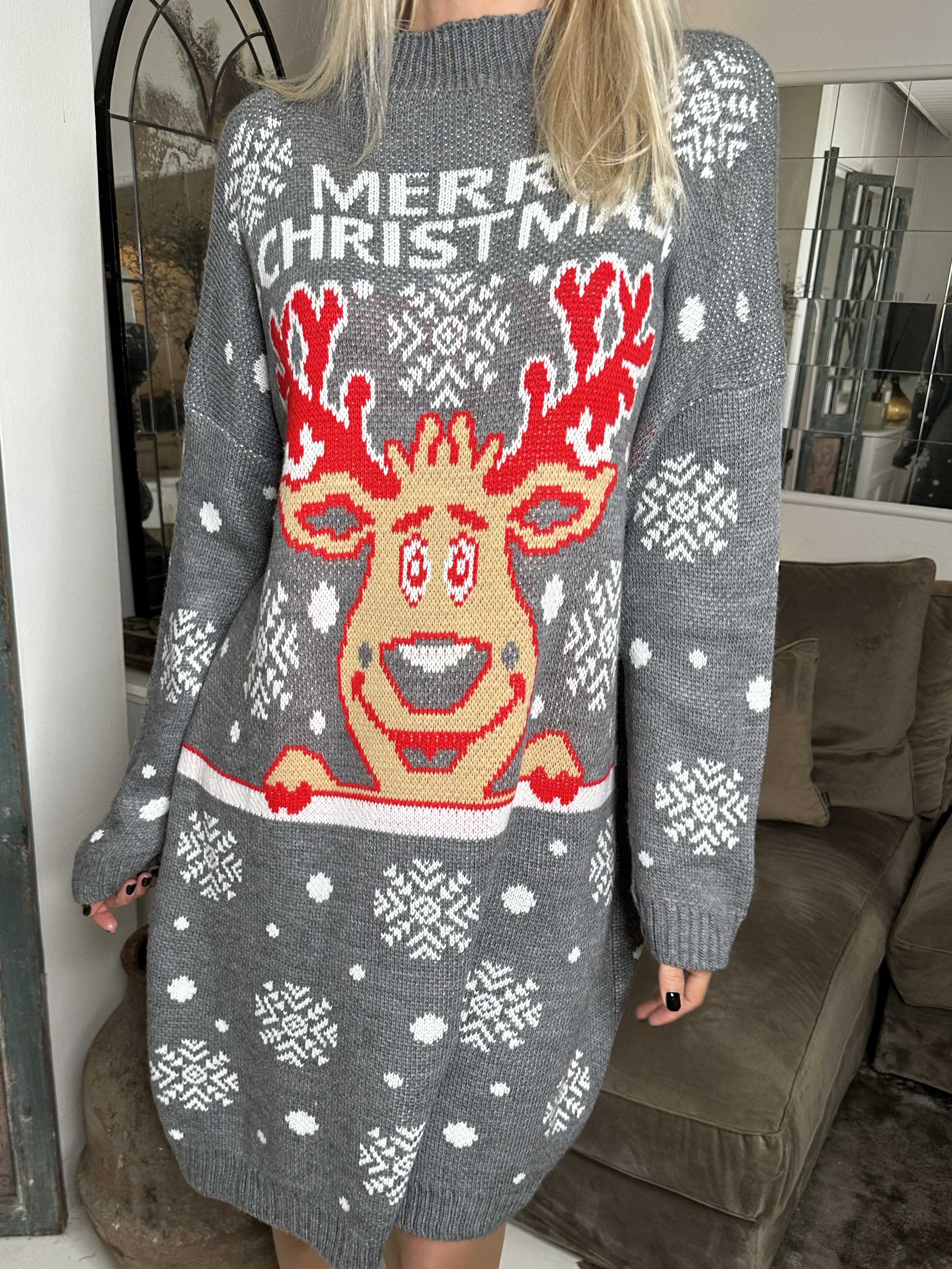 Rudolf - Stickad julklänning med snöflingor och rudolfmotiv